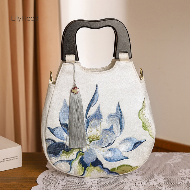 Luxury Bags Medium Size - Dames Retro Chic Bloemenborduurwerk Franjes Houten